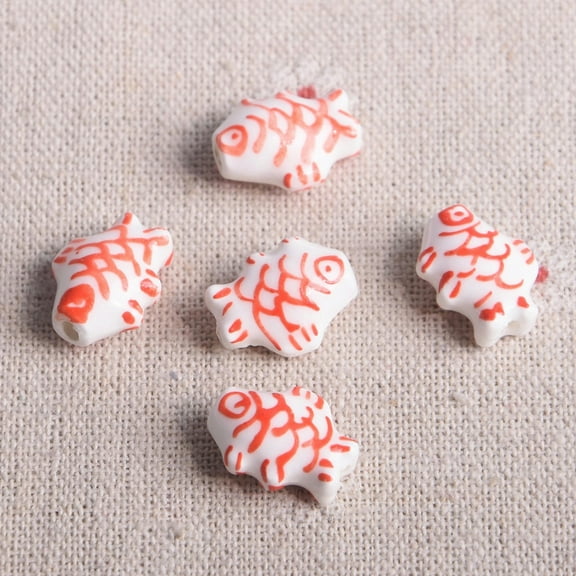 U8MO 5pcs 12x15mm Handmade Fish Painting Ceramic Porcelain Loose Beads DIY Jewelry-White Red