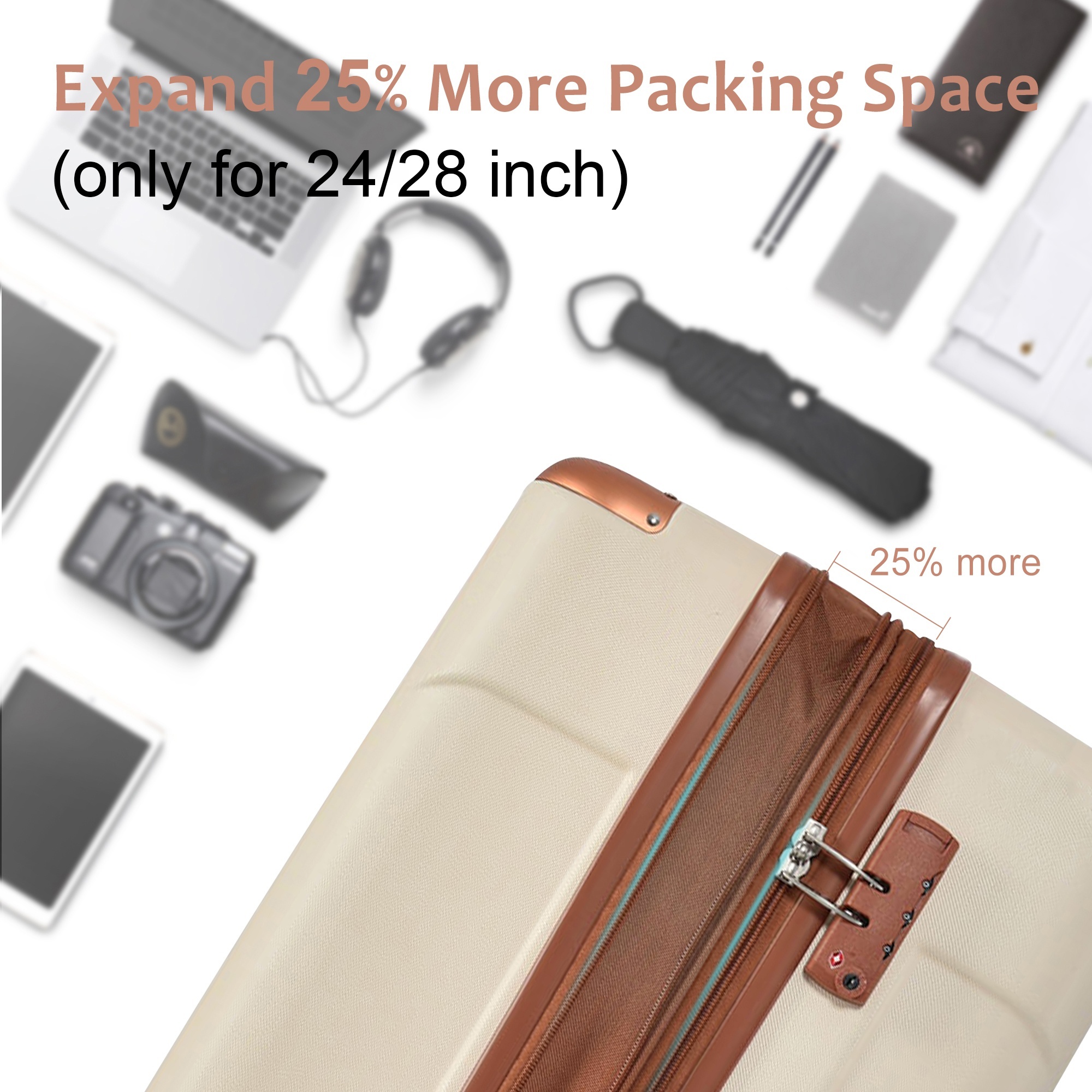 EUROCO 6 Piece Luggage Set, Hardshell Expandable Suitcase with TSA Lock, Spinner Wheels and 2 Bags,Travel Carry On Suitcase Set for Men Women,White Brown