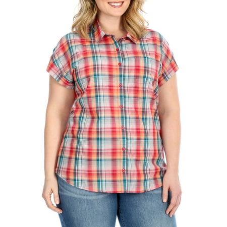 Lee Riders Women's Plus Size Cap Sleeve Button-Front Plaid Shirt
