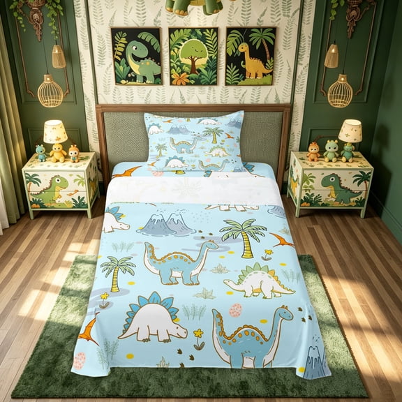 meiyoeat Cartoon Dino Twin Sheets for Kids, Tropical Spinosaurus Wildlife Bedding, Sky Blue, Reversible, 1 Flat Sheet, 1 Fitted Sheet and 1 Pillowcase