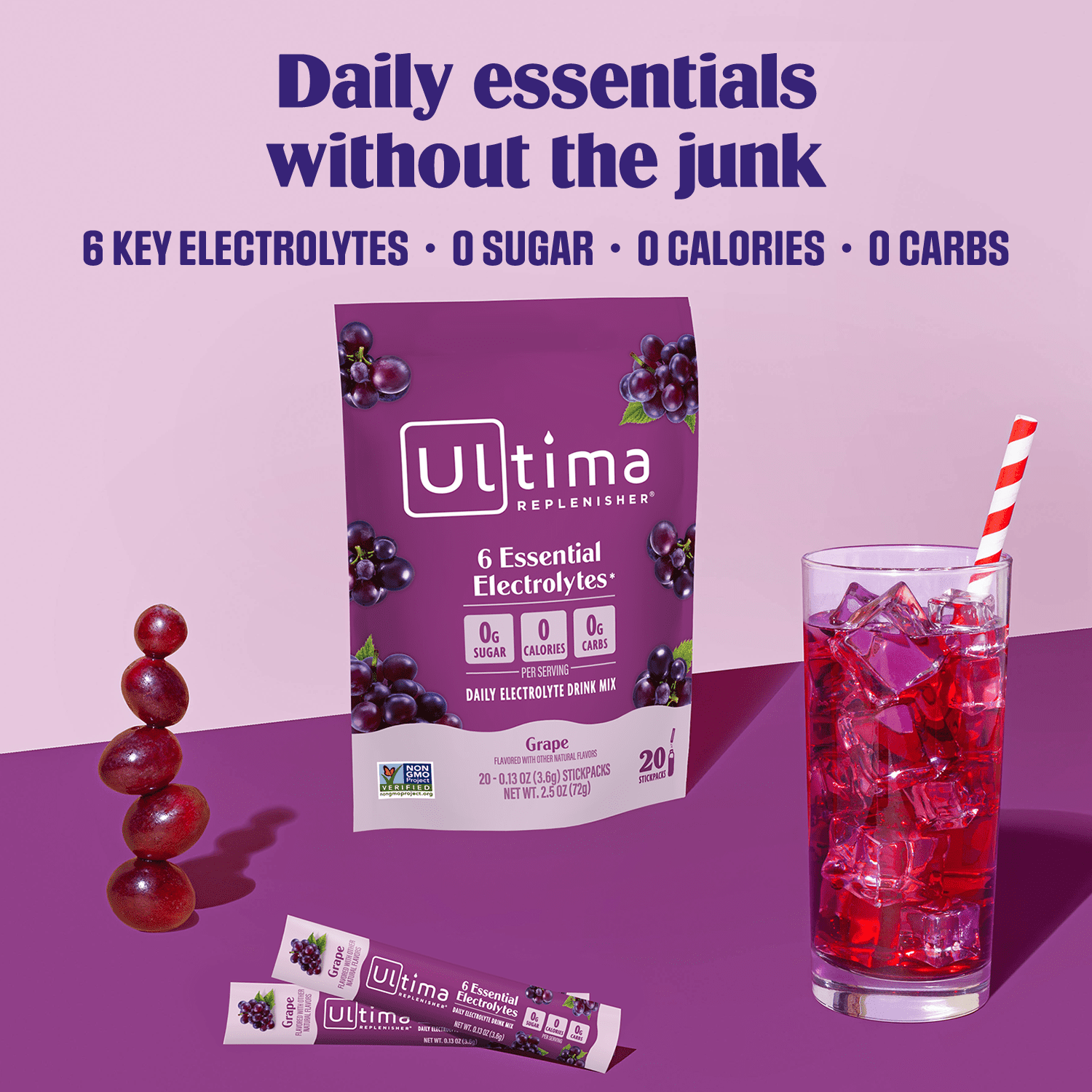 Ultima Replenisher Hydration Electrolyte Drink Mix Powder Packets, Keto, Sugar-Free Grape, 20 Ct