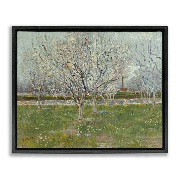 Stupell Industries Van Gogh Orchard in Blossom Landscape & Nature Painting Black Floater Framed Canvas Art Print Wall Art, 21 x 17