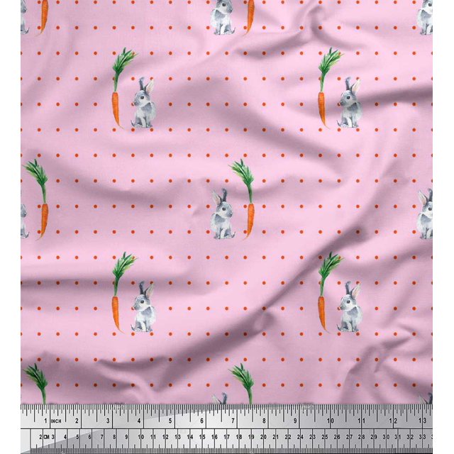 Soimoi Velvet Fabric Carrot & Rabbit Dots Print Fabric by Yard 58 Inch Wide