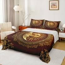 Manfei Vintage Sun Moon Queen Sheet Sets, Western Bohemian Damask Floral Flat Sheet, Gold Red Queen Fitted Sheet, Microfiber Bedroom Decor, 4-Piece