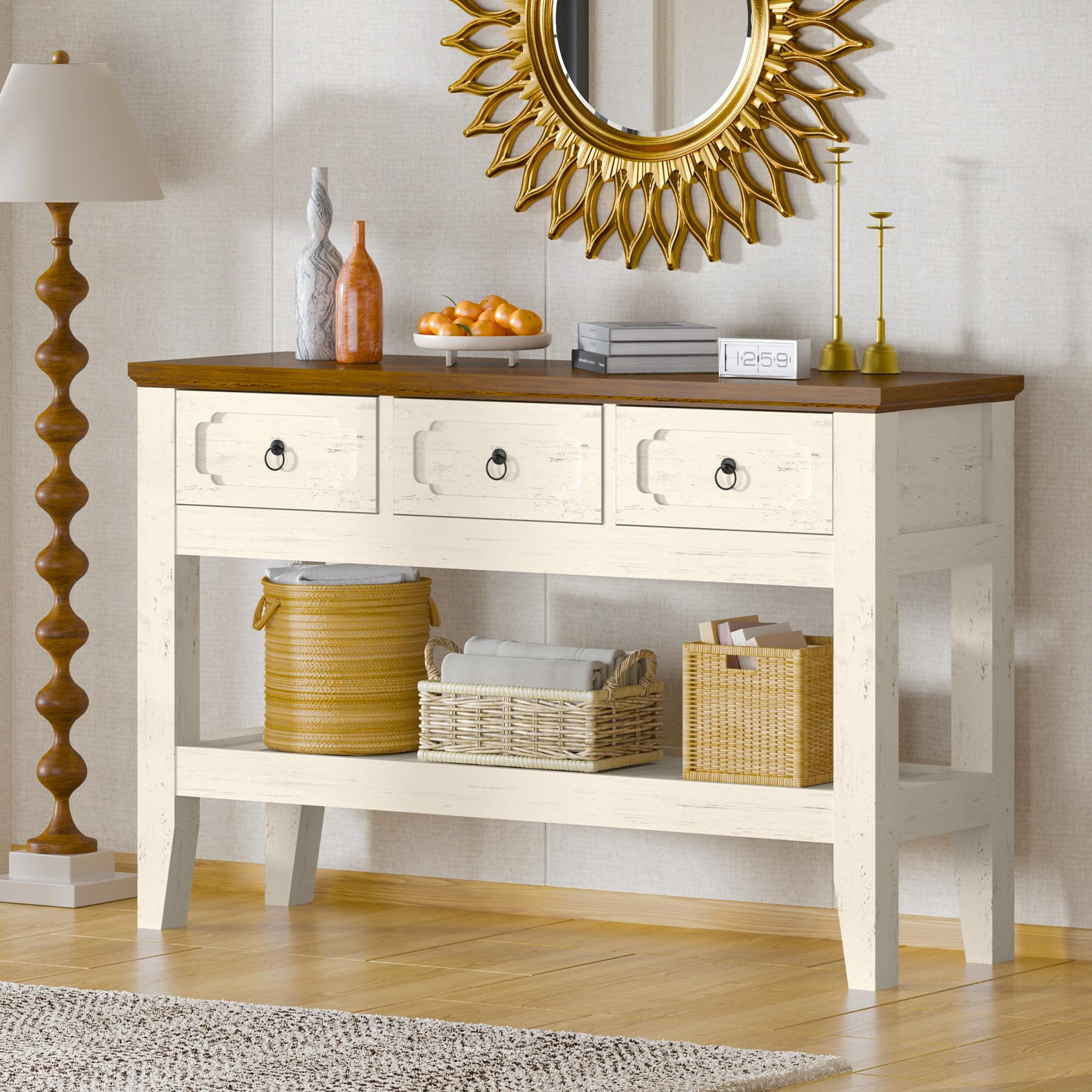 Danolapsi 47" Console Table with Drawers, Farmhouse Rustic Entryway Table with Bottom Shelf and Solid Wood Legs for Entryway, Living Room, Entrance, Foyer, Easy Assembly