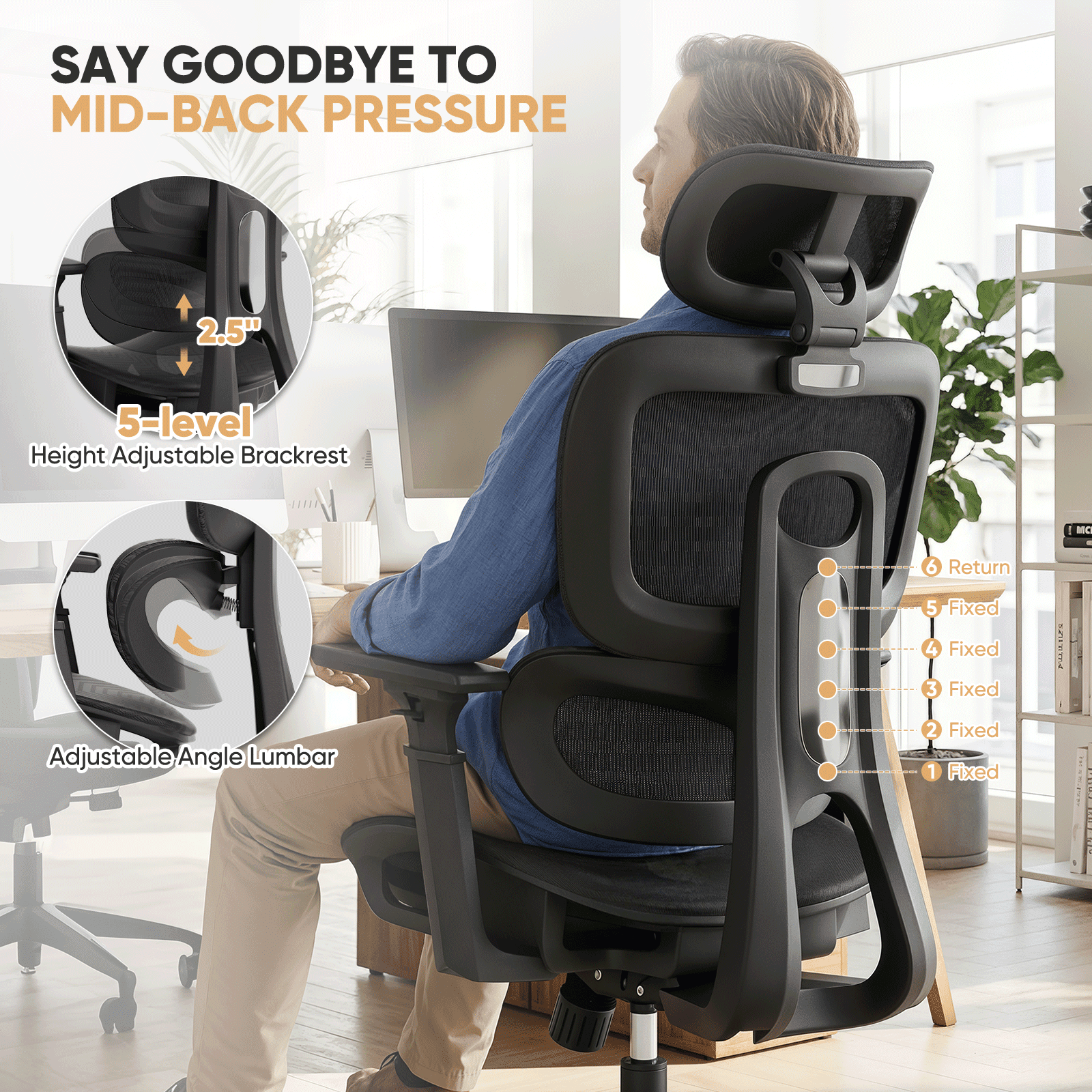 Magshion 1pc Ergonomic Office Chair with Adjustable Lumbar Support, 3D Armrests, 145° Recline & Headrest, High Back Desk Chair