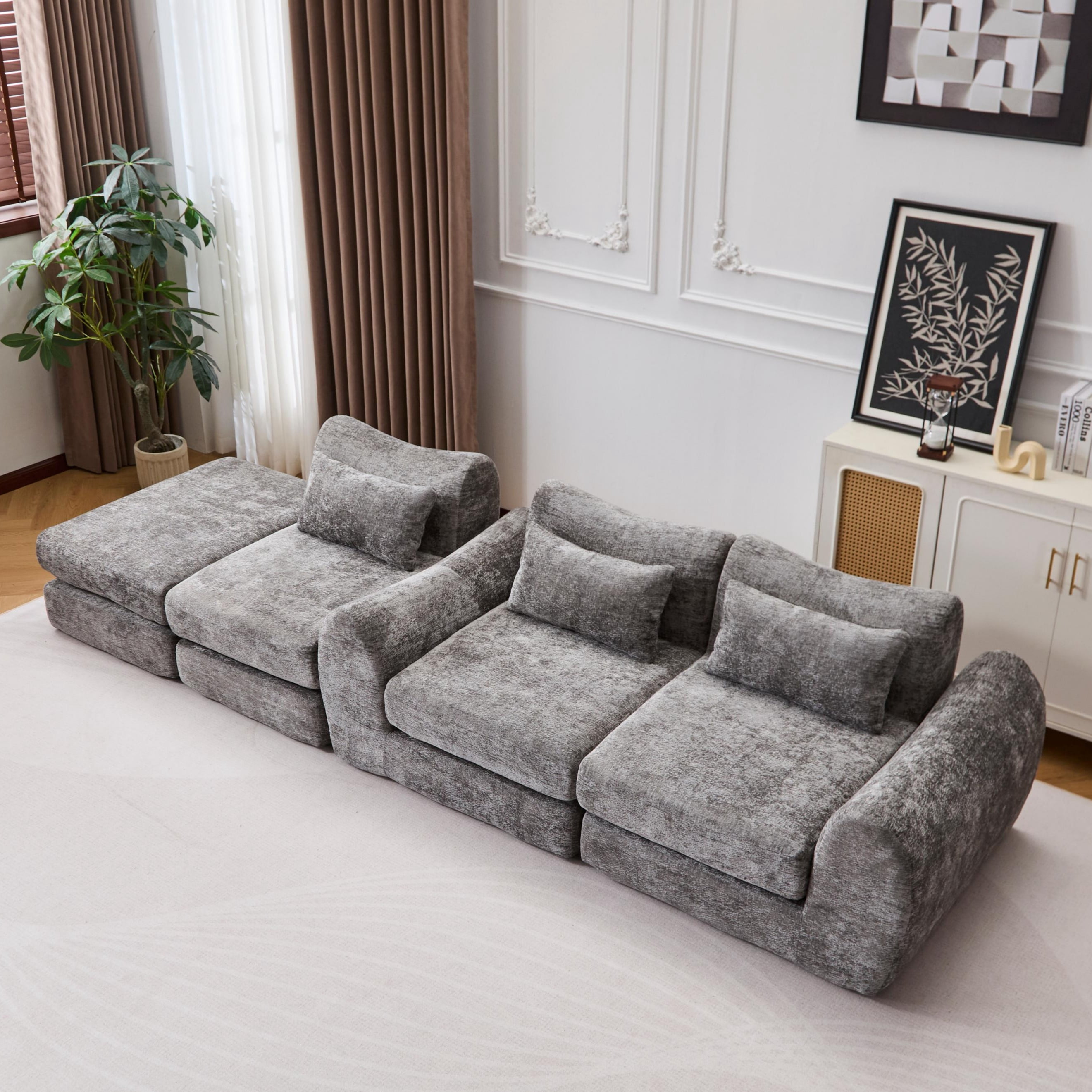 BSHTI Foldable Wave Star Modular Sofa, Chenille Fabric, 4-in-1 Modern Couch for Living Room, Modular Sectional Sofa with Chaise, Free Combination 3 Seater Sofa, Grey