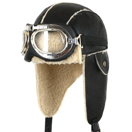 ililily Aviator Hat Winter Snowboard Fur Ear Flaps Trooper Trapper Pilot Goggles , Black/Beige