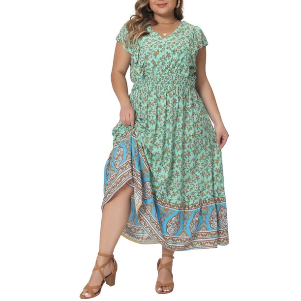 Vestido Plus Size Agnes Orinda para Mujeres, Vestidos Florales Boho, Vestido de Verano con Cuello en V y Mangas con Volantes, Vestido de Playa de Corte Suelto 4X Verde Menta