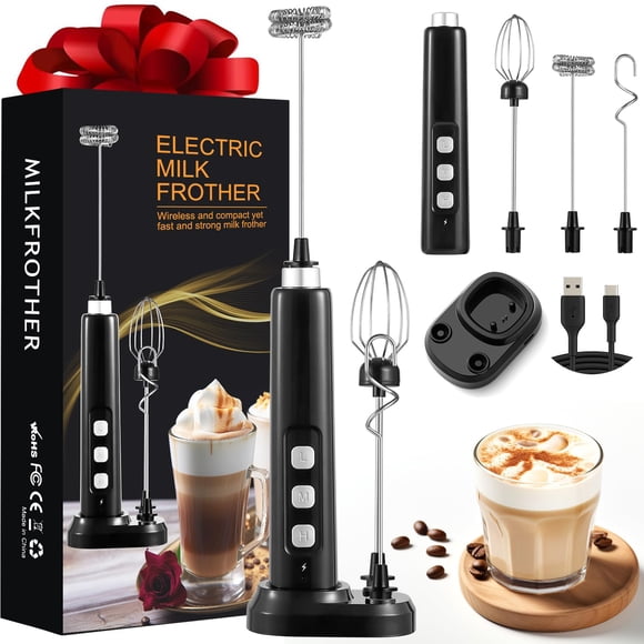 Espumador de Leche Recargable USB, Batidor Eléctrico de Mano 3 Velocidades con 3 Batidores Acero Inoxidable, Batidora para Café, Frother y Leche Espuma, Para Hacer Espuma de Capu