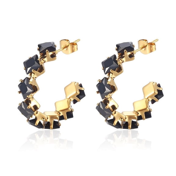 Nvzi-c suitable for both men and women, stainless steel square zircon earrings, simple and fashionable titanium steel rainbow rhinestone earrings (black)