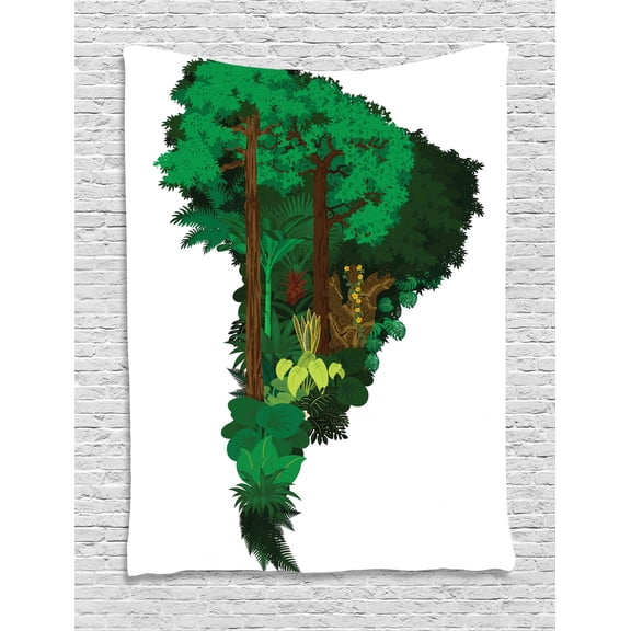 South America Tapestry, Botanical Design Continent Map Jungle Trees Flora, Wall Hanging for Bedroom Living Room Dorm Decor, 60W X 80L Inches, Emerald Green Chocolate Yellow Green, by Ambesonne