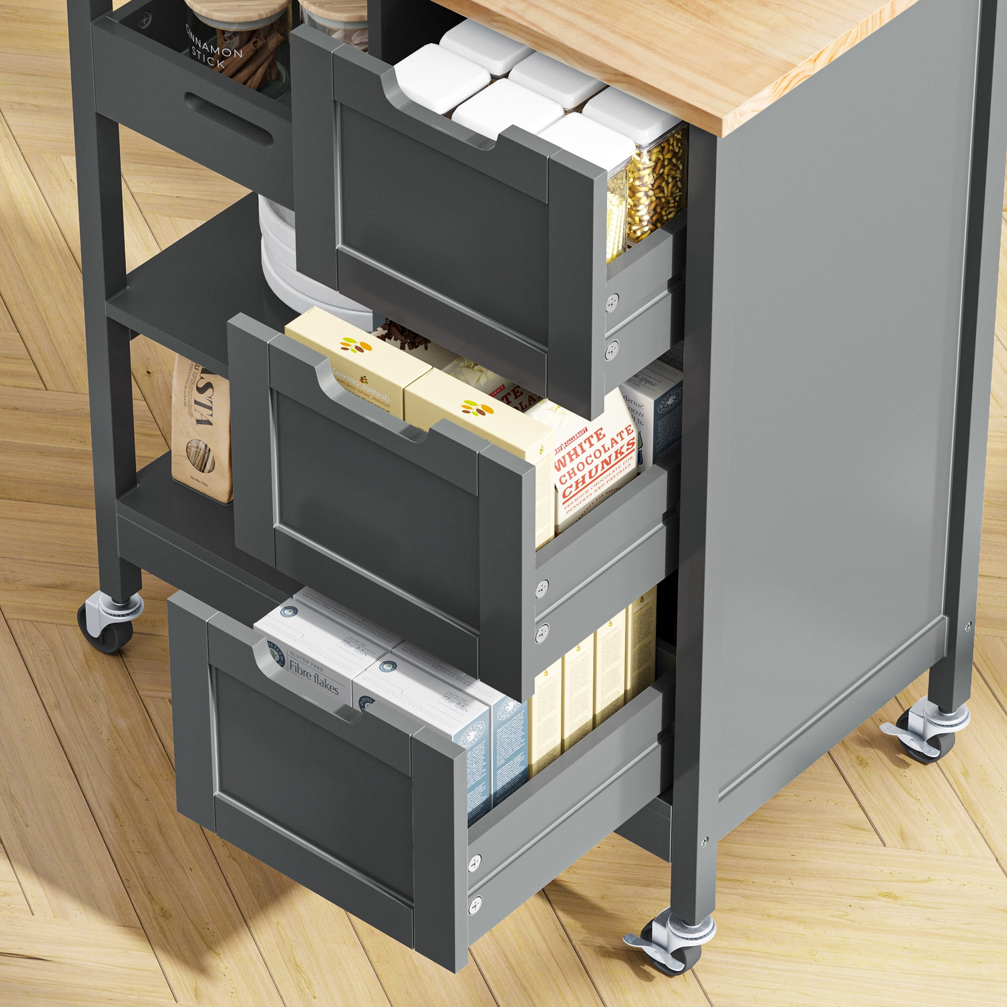 Dextrus 3 Tier Kitchen Island Cart with Storage Shelves, Kitchen Storage Cart with Drawers, Gray
