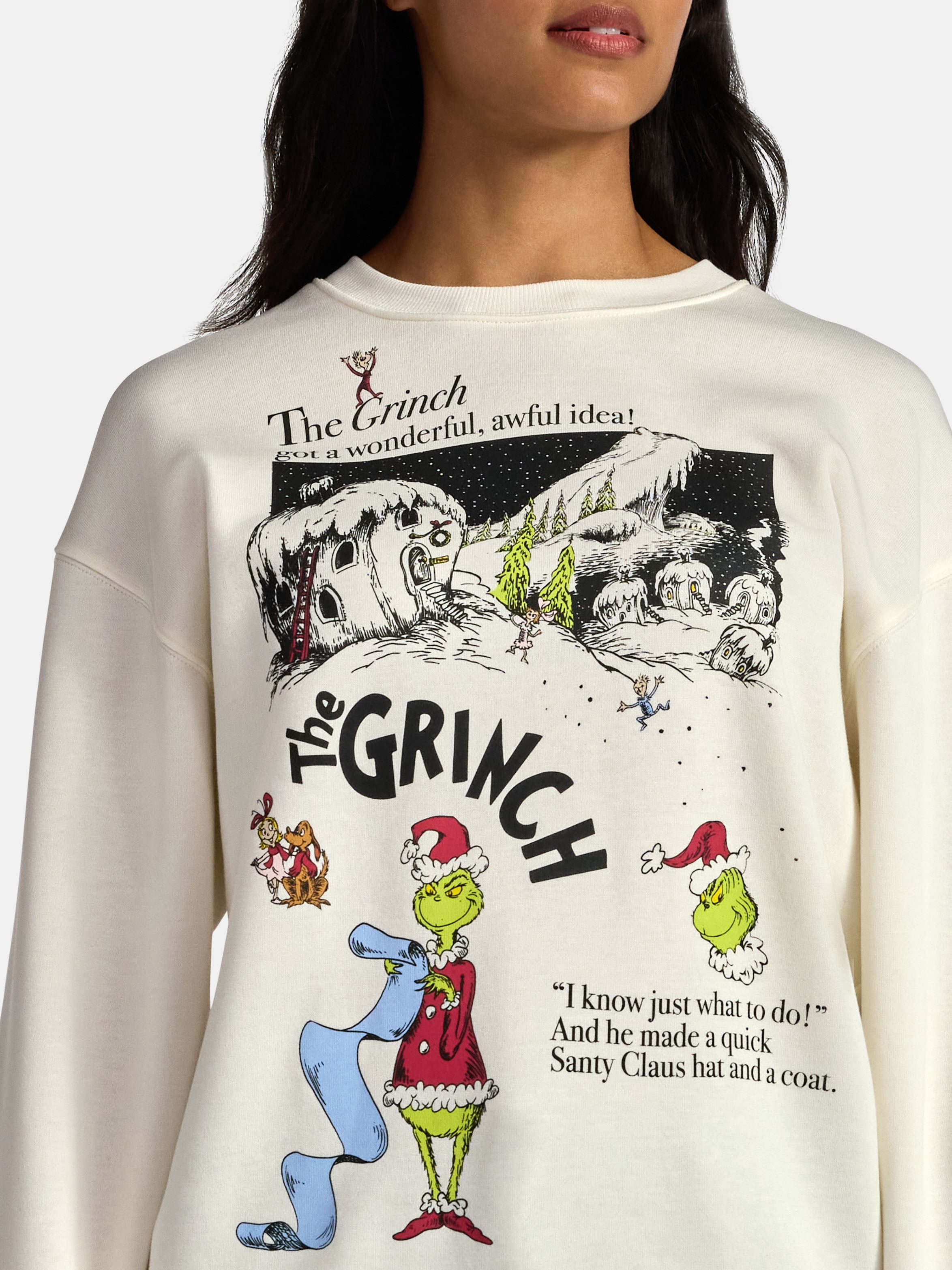 The Grinch Women's Front Back Whoville Graphic Fleece Sweatshirt with Long Sleeves, Sizes XXS-XXL