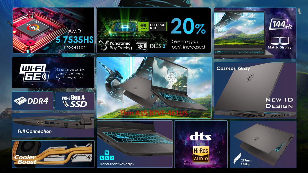 MSI Thin 15.6 inch FHD 144Hz Gaming Laptop AMD Ryzen 5 7535HS NVIDIA GeForce RTX 4060 - 16GB DDR5 512GB SSD Gray (2025)