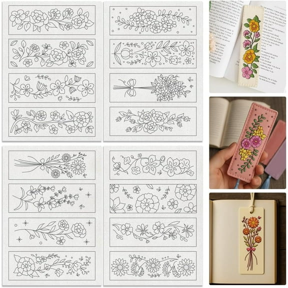 16Pcs Flower Vine Bookmark Embroidery Pattern Stabilizer 8.3"x11.7" Bookmark Corner Soluble Stick and Stitch Embroidery Sticker 4 Sheets Floral Water Hand Sewing DIY Embroidery Paper 1 Set