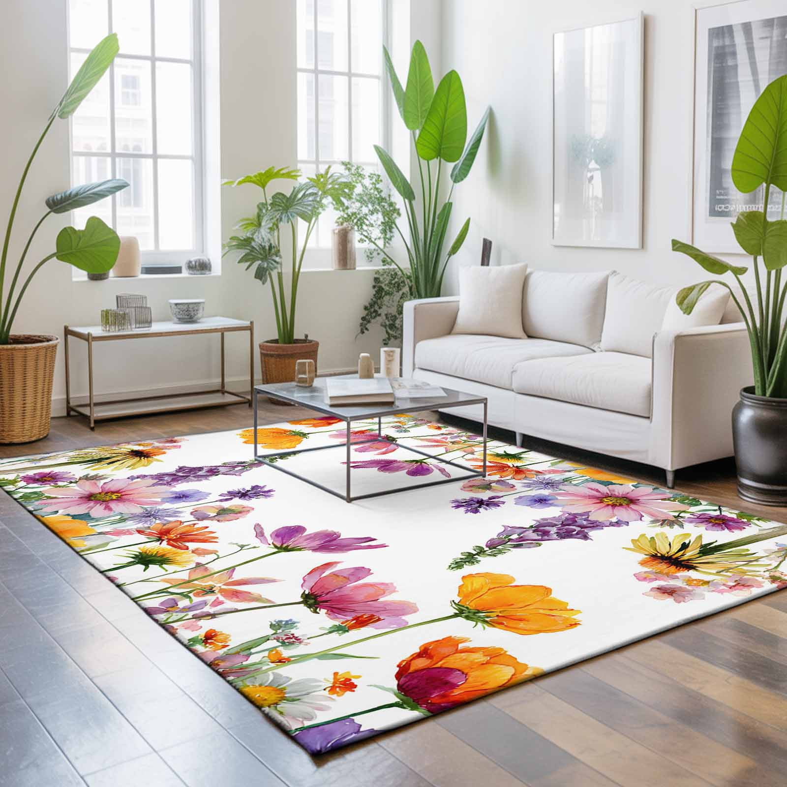 Large Area Rugs 6'x9', Pink Flowers Carpet Runner Indoor Outdoor Rugs Home Decor Aesthetic, Elegant Spring Floral Pastoral Watercolor Non Slip Mats Washable Accent Rug for Living Room Bedroom