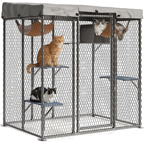 QinaQin Large Catio Outdoor Cat Enclosure,Extra Large Walk-in Cat Patio for Multiple Cats, Outdoor Catio with Waterproof Cover, Hammock, Resting Box and 4 Platforms,Light Grey