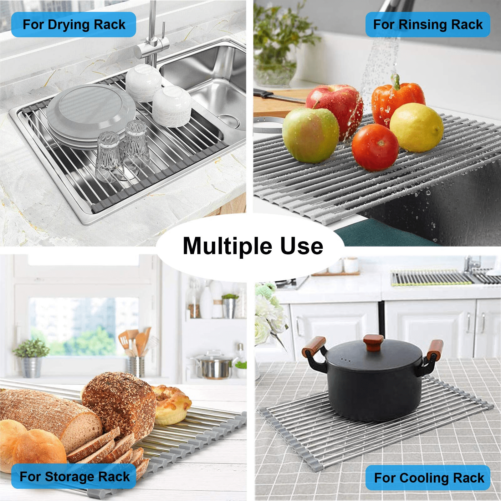 Slopehill Triangle Dish Drying Rack for Sink Corner Roll Up Dish Drying Rack Folding Stainless Steel Multipurpose Over The Sink Corner Dish Drainer Mat for