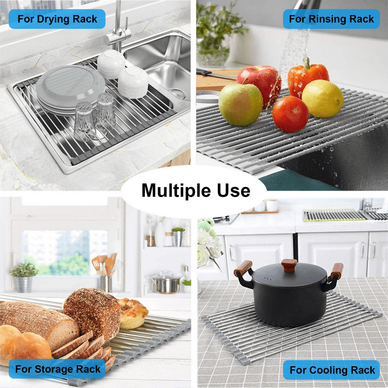 LUEXBOX Roll Up Dish Drying Rack, 17 inch Stainless Steel in Sink Dish Drying Rack, Multipurpose Foldable Kitchen Sink Rack Mat for Dishes, Cups, Fruits