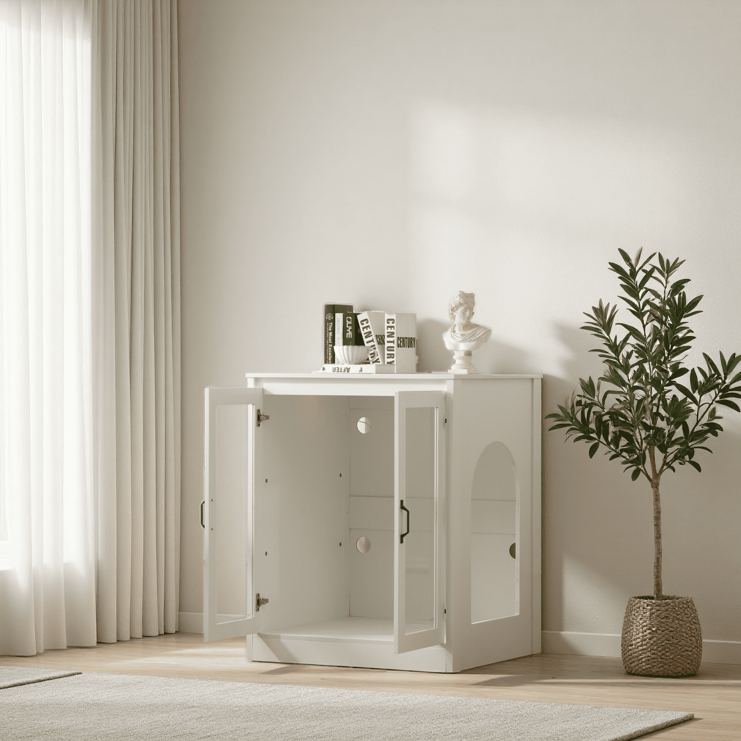 Cat Litter Enclosure with Cat-Viewing Glass Doors, Litter Cabinet with Power Outlet and Cozy LED Lights, Reversible and Optional Entry, White