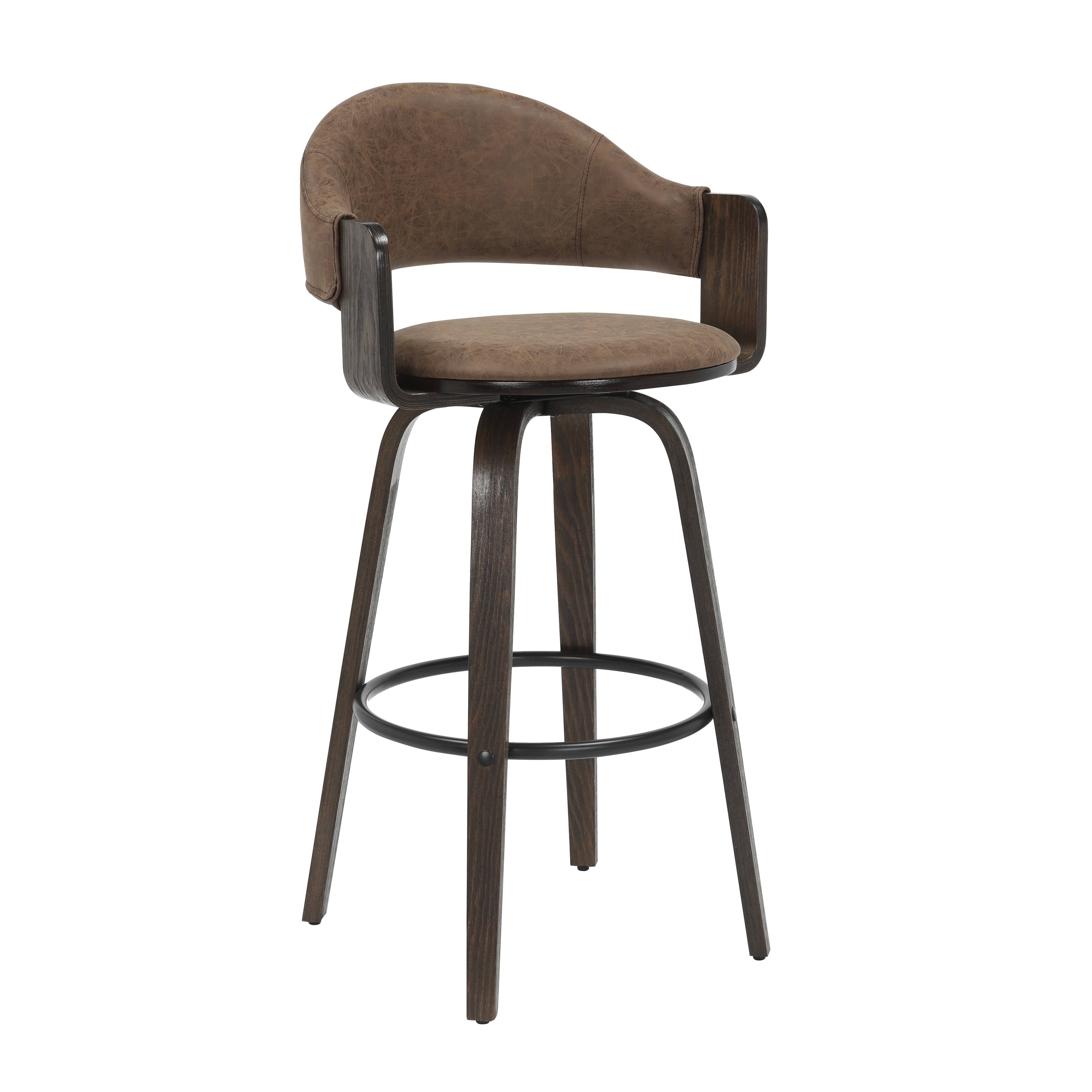 Daxton 40 in. H Swivel Bar Height Vintage Dark Brown Round Back Wood Bar Stool with Faux Leather Seat Set of 3
