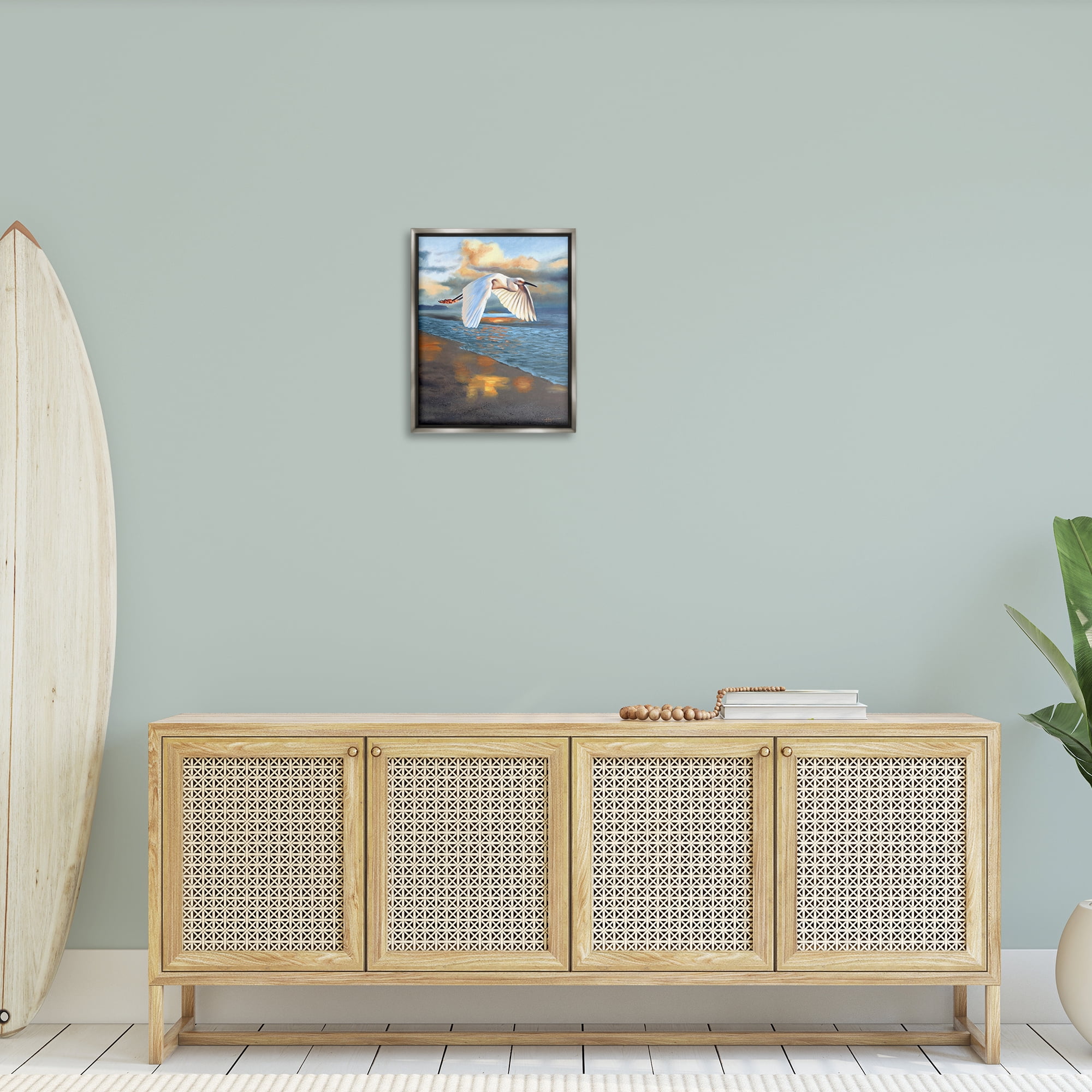 Stupell Industries Egret Wingspan over Beach Landscape Painting Gray Floater Framed Canvas Art Print Wall Art, 17 x 21