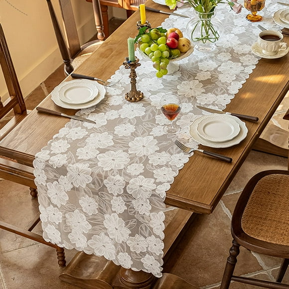TIMIFIS Polyester Tables Runner, Lace Tablecloth Table Runner High Grade White Decorative Dining Table Coffee Table Crochet Suitable for Kitchen Living Room Home Decor