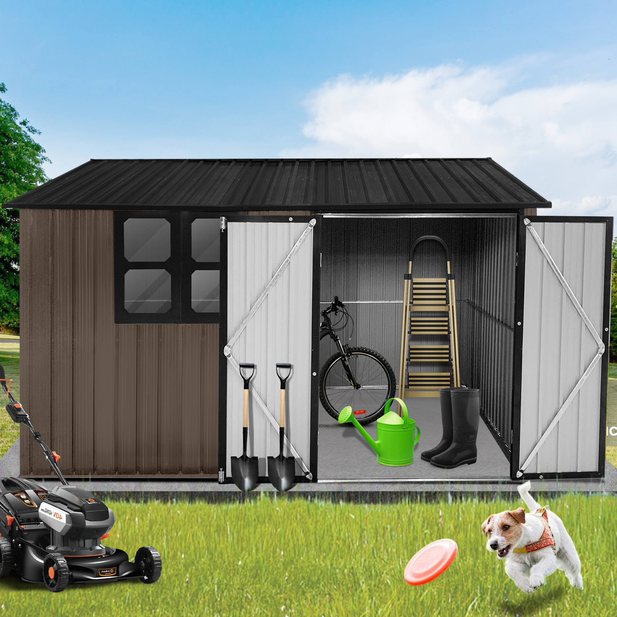 Aukfa 10FT x 8FT Outdoor Storage Shed, Metal Shed Storage with Window, Roof Slope Tool Shed with Door and Padlock for Backyards, Patio Lawns and Outdoor, Brwon
