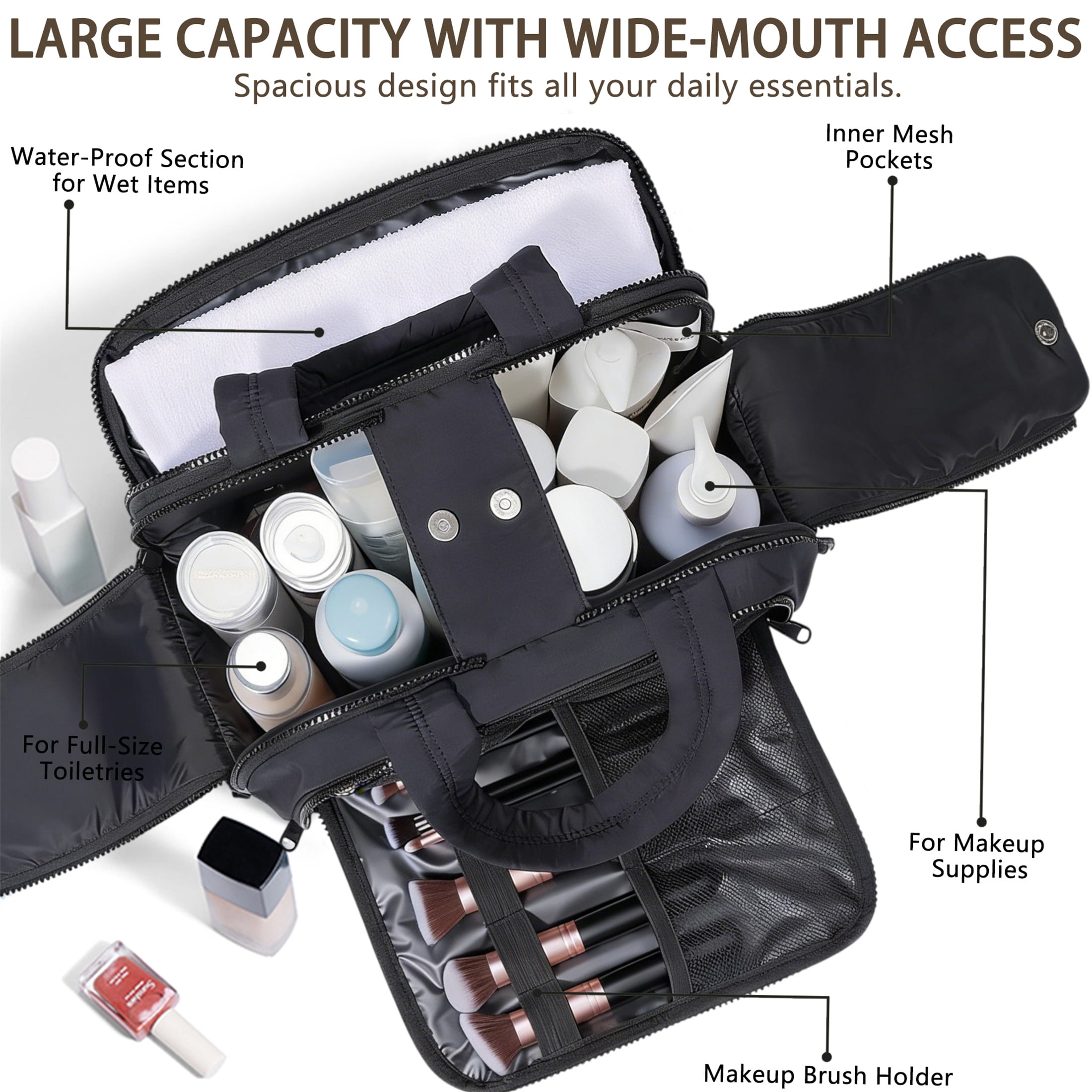 Puffy Travel Toiletry Bag for Women, Wide-Open Cosmetic Makeup Bag Organizer with Handle, Lightweight Quilted Travel Bag for Accessories, Essentials, Toiletries, Black