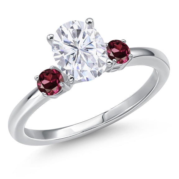 Gem Stone King 14K White Gold White Moissanite and Red Rhodolite Garnet Engagement Ring for Women | 1.74 Cttw | Oval 8X6MM | Gemstone Birthstone | Size 5