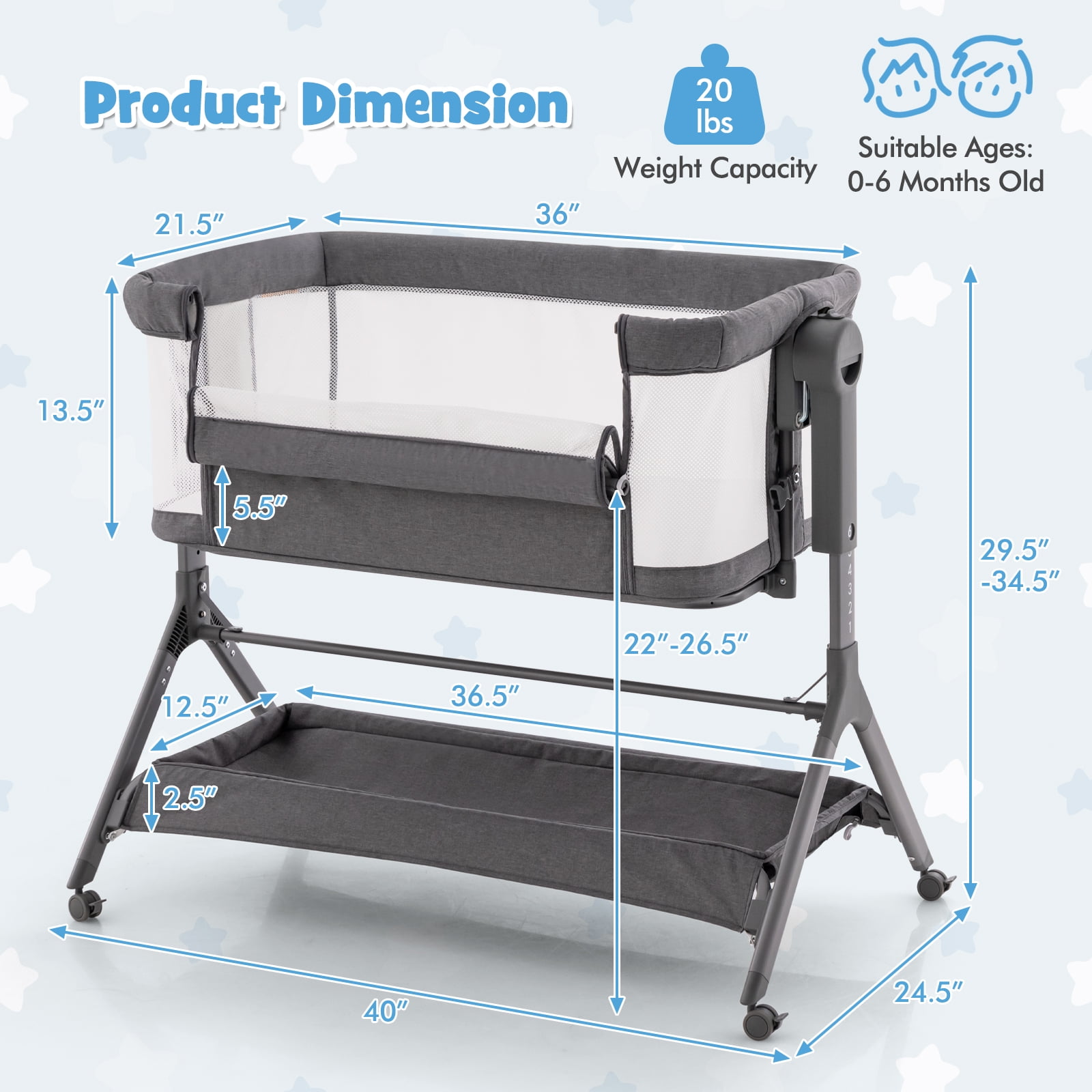 Costway Height Adjustable Bedside Sleeper Baby Crib with Storage Bag 0-6 Months Gray