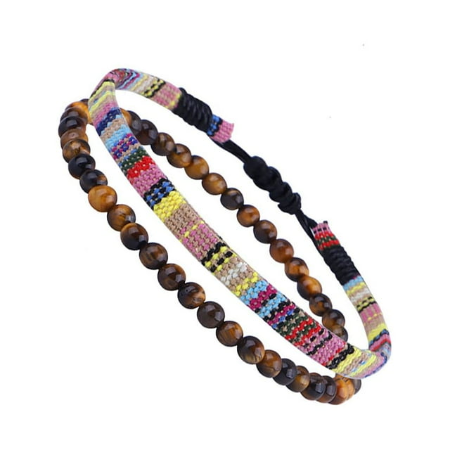 Ruiboury 2 Pieces Braided Bohemian Bracelet Anklets Woven Set Leg Chain Fabric Style Tassel Adjustable String for Friendship type 3