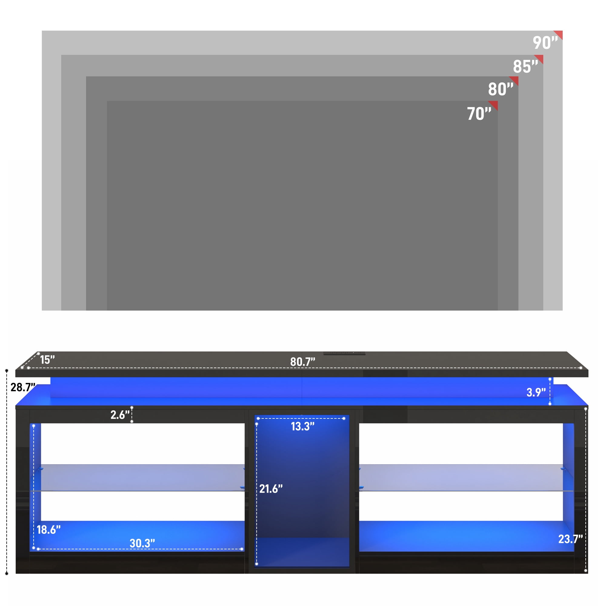 ChVans 80.7" Modern LED TV Stand for TVs up to 90" with LED Lights & Outlet, High Gloss Entertainment Center with Open Shelves Storage, Media Console TV Stands for Living Room, Game room, Bedroom