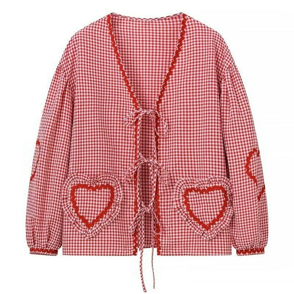 QIPOPIQ Tie Front Tops for Women Gingham Babydoll Bow Top Puff Sleeve Coquette Tops Heart Long Sleeve Cute Spring Tops Clearance