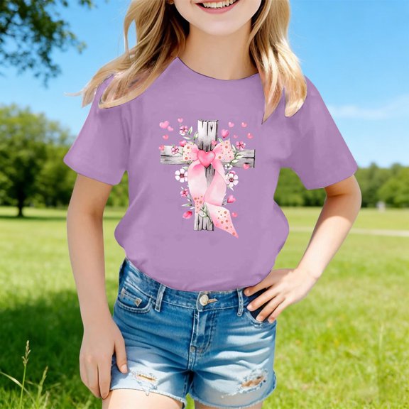 Gzbliryd Easter Day Shirts Funny Rabbit Graphic Printed Tee Easter Shirt for Little Girls Boys Soft and Breathable Summer Dailywear Clothing (Light Purple,8-9 Years)