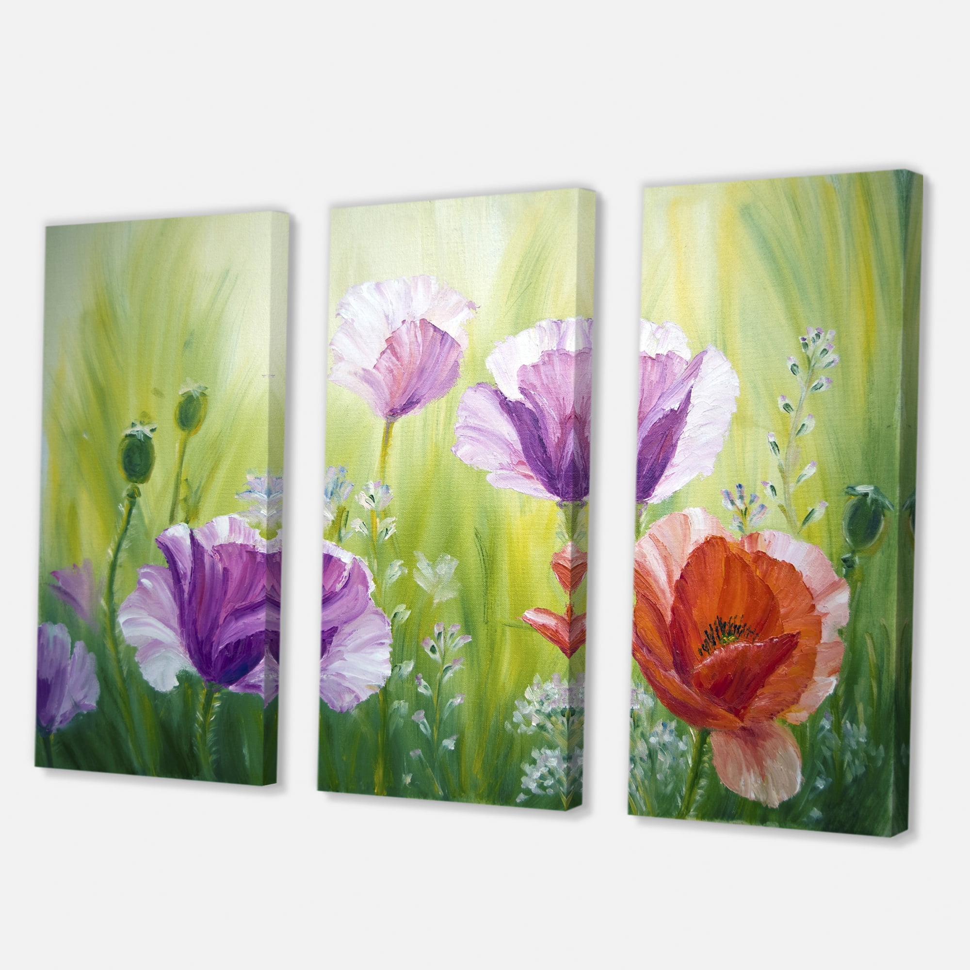 Designart ' Blossoming Red and Purple Poppies In The Morning II ' Traditional Canvas Wall Art Print