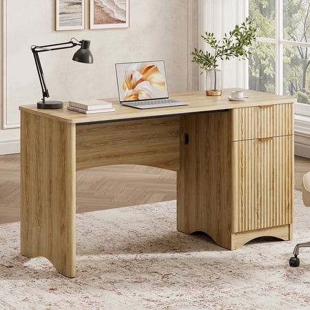 Bestier 47" Computer Desk with Drawer, Modern Home Office Desk with Storage Cabinet, Fluted PC Study Writing Desk for Small Spaces, Oak