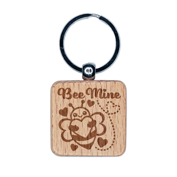 Bee Be Mine Love Hugging Heart Valentine's Day Square Keychain Charm Tag - Engraved Wood