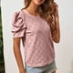 thumbnail image 5 of Whataatahia Mujeres Cuello Redondo Top Mangas Cortas Puff Hueco Jacquard Color Puro Ajuste Suelto Verano Camiseta Rosa S, 5 of 7