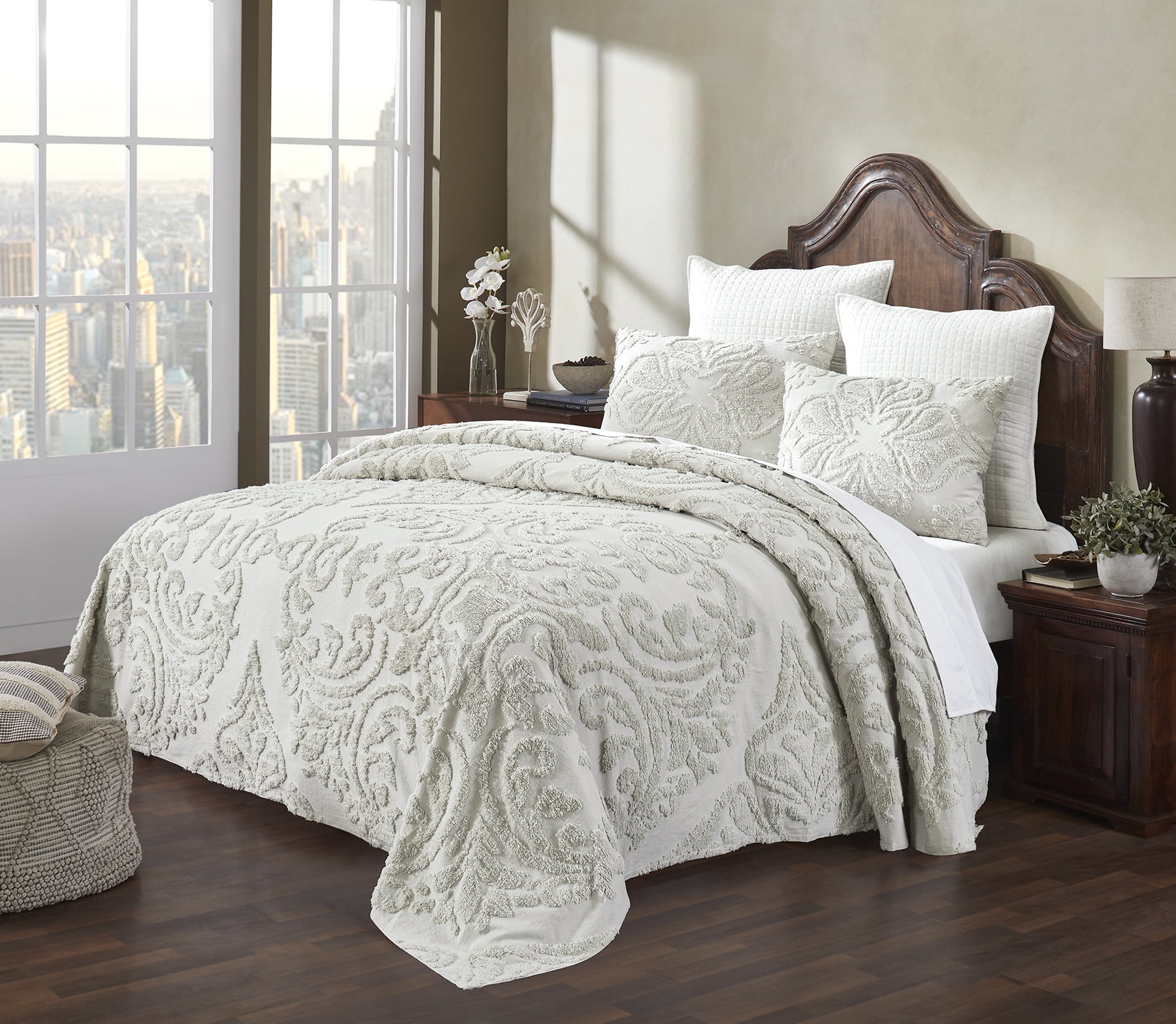 Better Trends 2 Piece Twin Bedspread Set 100% Cotton Tufted Floral Vineyard Pattern Soft & Luxurious Feel, Machine Washable (Ivory) Rylee Collection