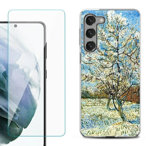 Shockproof Fashion Phone Case for Samsung Galaxy S23  / S23 Plus 5G, with Tempered Glass Screen Protector, by OneToughShield ® - Peach Tree Blossom