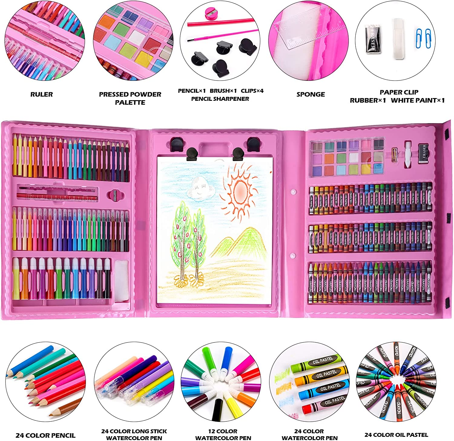  DLUCKY 208 PCS Art Supplies, Drawing Art Kit for Kids Adults Art  Set with Double Sided Trifold Easel, Oil Pastels, Crayons, Colored Pencils,  Watercolor Pens Gift for Girls Boys Artist,Pink