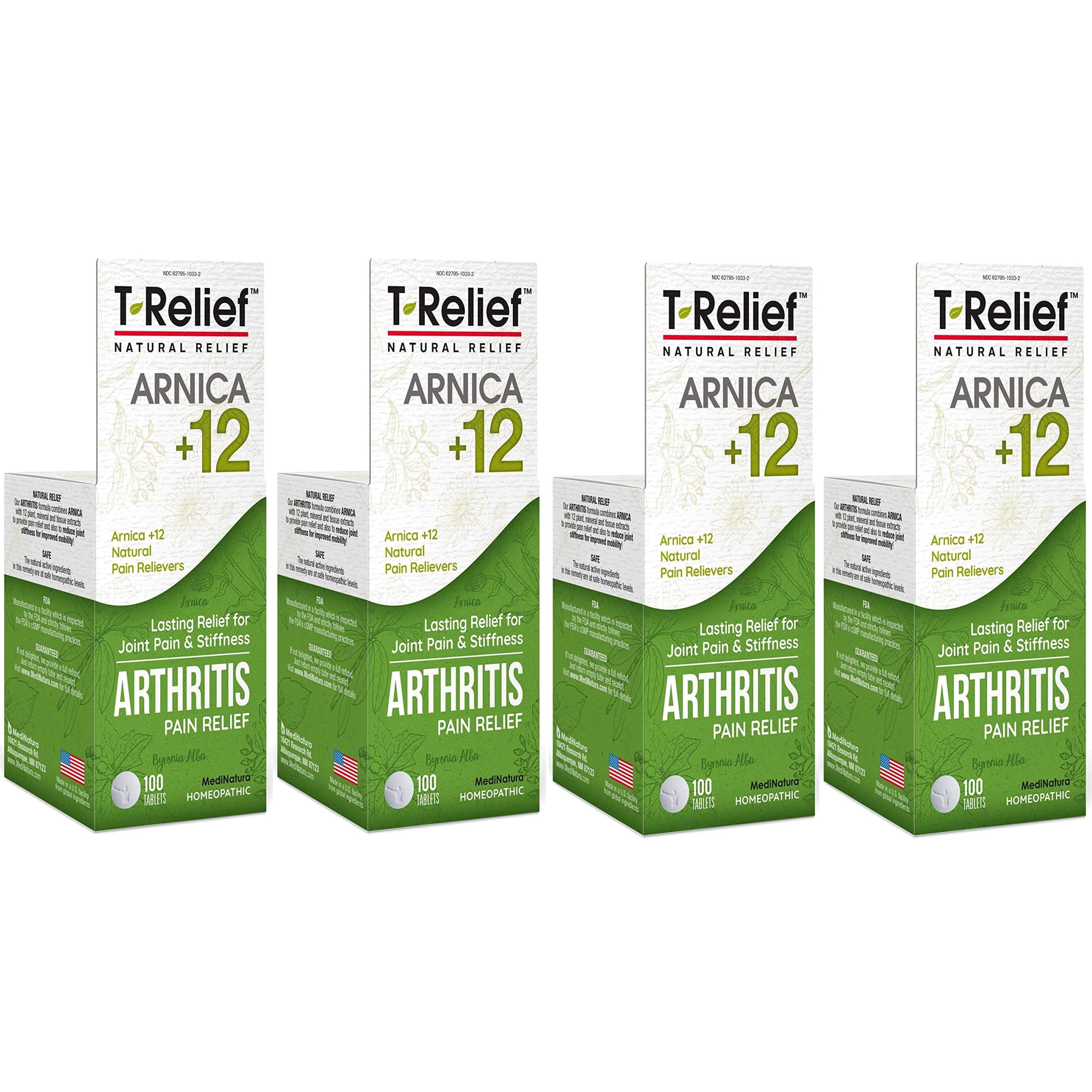 MediNatura T-Relief Extra Strength Arthritis Pain Reliever Arnica +12 Natural Medicines for Joint Soreness Stiffness Aches, Quick Dissolving Pain Relief for Women & Men - 100 Tablets (4 Pack)