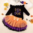 thumbnail image 2 of Coerni Toddler Girls Kids Halloween Letter Print Long Sleeve Romper Top Bow Mesh Skirt + Headband 3pc Set Cosplay Outfit, 2 of 5