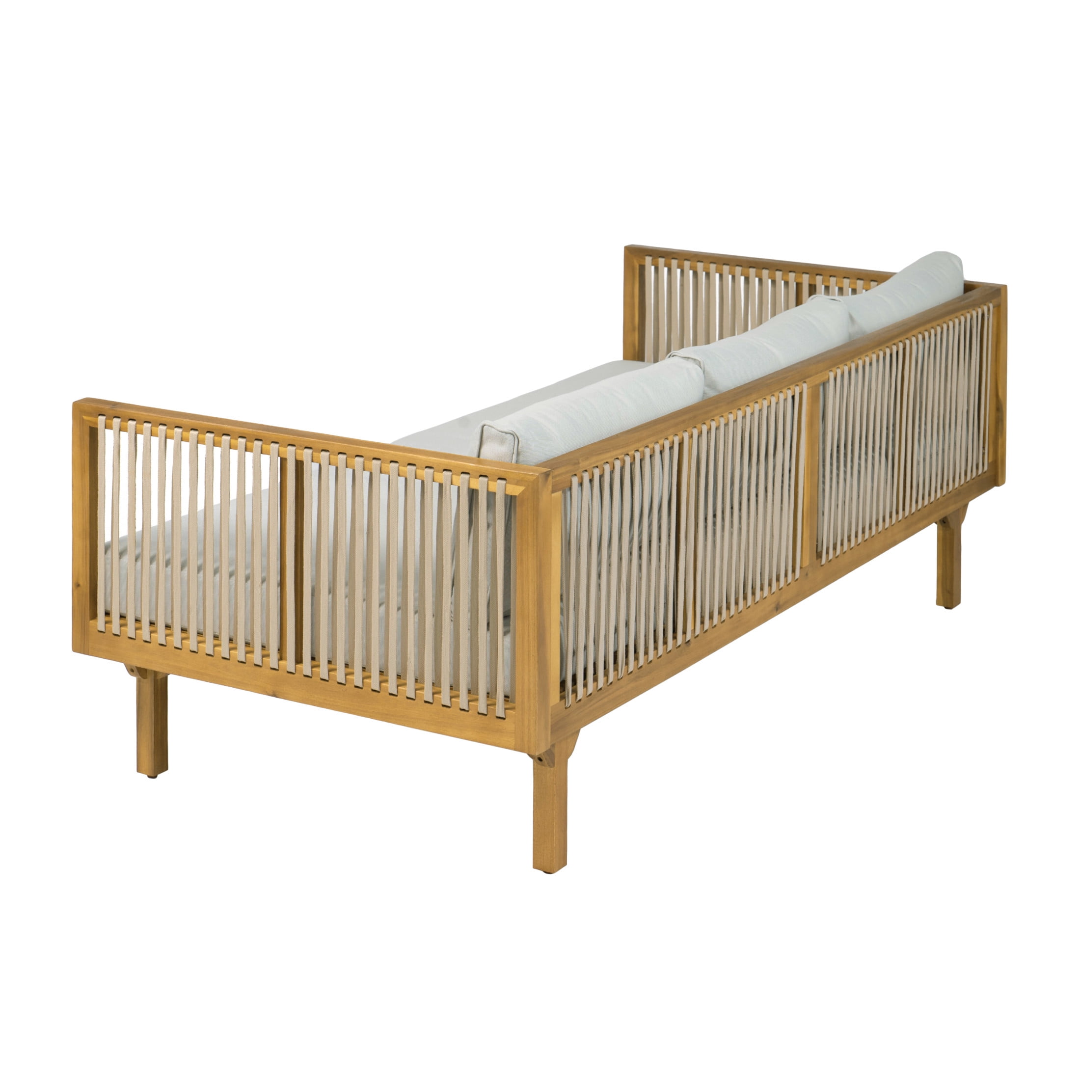 Christopher Knight Home 67.5" Outdoor Patio Acacia Wood Sofa with Light Brown Rope and Light Gray Cushions