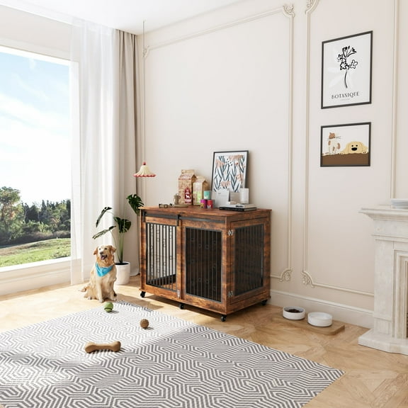 Mulinsonfly 47" Wooden Dog Crate Furniture with Sliding Barn Door, Flip-Top Lid, Lockable Wheels & Removable Divider, Indoor Dog Kennel Table for Small, Medium, Large Breeds