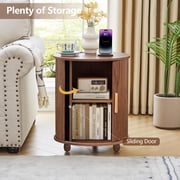 18 Inch Nightstands Set of 2, Fluted Round Wood Nightstand with Charging Station, Small End Table for Living Room, Sliding Door Round Side Table with Storage for Bedrrom (18 inch, Walnut)