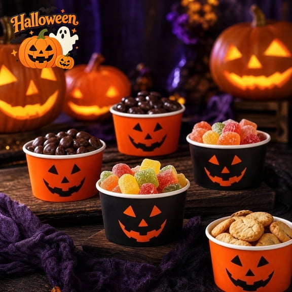 10 Pack Disposable Jack O Lantern Paper Treat Bowls, Halloween Pumpkin Face Snack Ice Cream Cups, Halloween Decor, Indoor Outdoor Trick Or Treat Fall Party Dessert Table Disposable Tableware Supplies