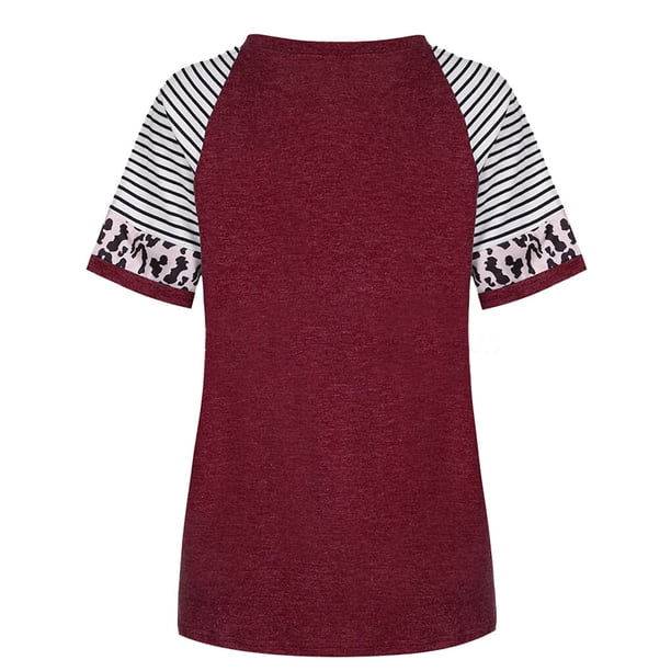 Guardurnaity Top de mujer con cuello y manga corta a rayas con estampado de leopardo Prendas para la parte del cuerpo Vino rojo S